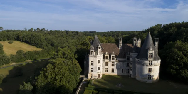 Vue arienne du chteau de Puyguilhem, ensemble de la faade sud-est