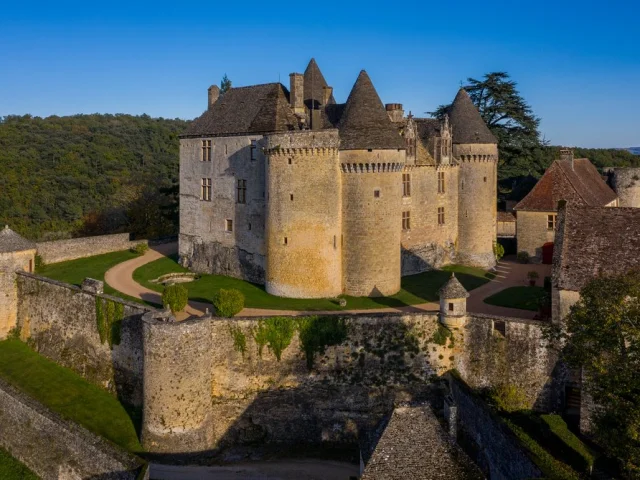 France, Dordogne (24), Périgord Noir, Sainte-Mondane, château de Fénelon, (vue aérienne)//France, Dordogne, Black Perigord, Sainte-Mondane, Castle of Fénelon, (aerial view)